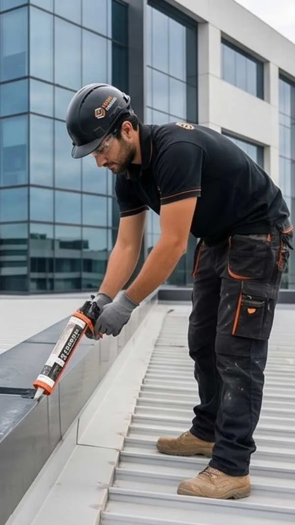 Strata Remedial Services tradesman sealing a metal roof flashing